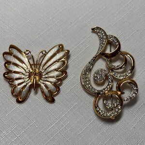 New Fifth Avenue Gold & Silver tone Butterfly & Austrian Crystal Swirl Brooches